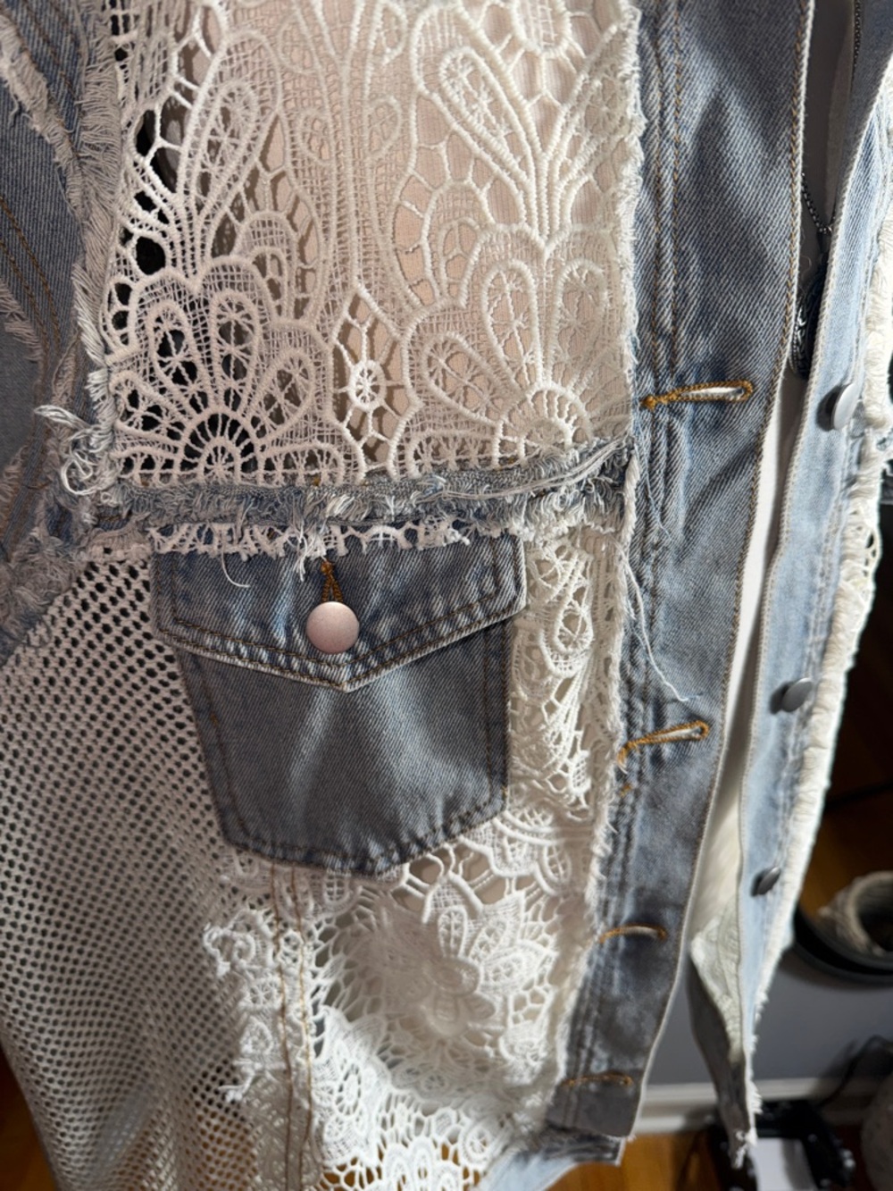 POL Light Blue Denim Vest with White Lace Inset - Picture 5 of 11